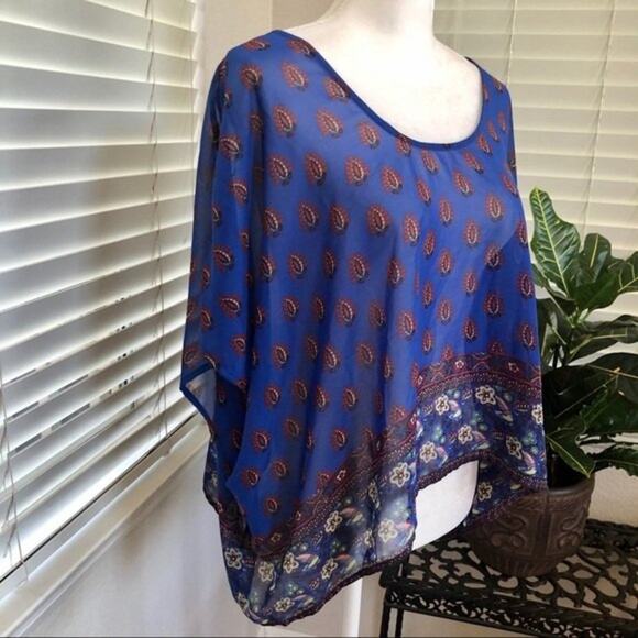 Jessica Simpson Blouse Women's XS/S Blue Sheer Boho Paisley Strappy Back New - Picture 3 of 12